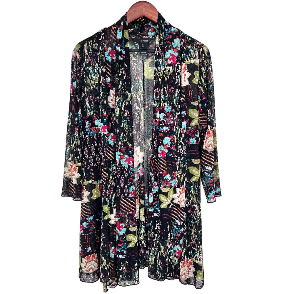 Ali Miles Sz XL Black Pink Floral Sheer Mesh Wearable Art to Wear Shirt Top